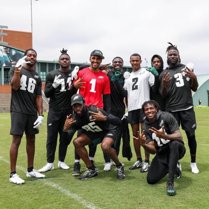Jalen Hurts (1) with several of his WRs, including A.J. Brown (11) and Jalen Reagor between the QB and DeVonta Smith (2)